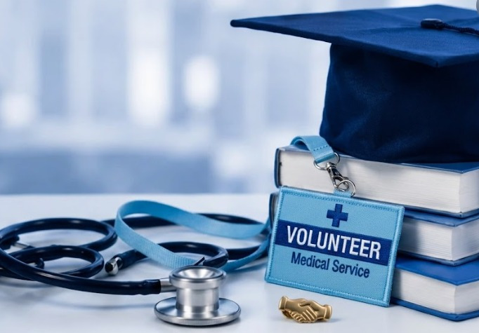 Medical volunteer badge, graduation cap, books and stethoscope